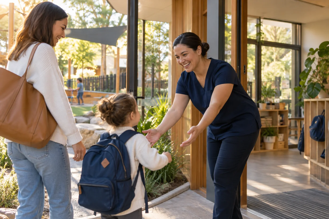 Illustrative educator welcoming a child and parent
